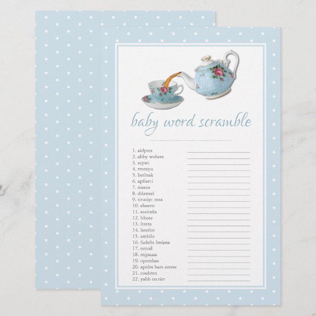 Papier Elégant Teacups Baby shower Tea Party Word Scrable (Devant / Derrière)