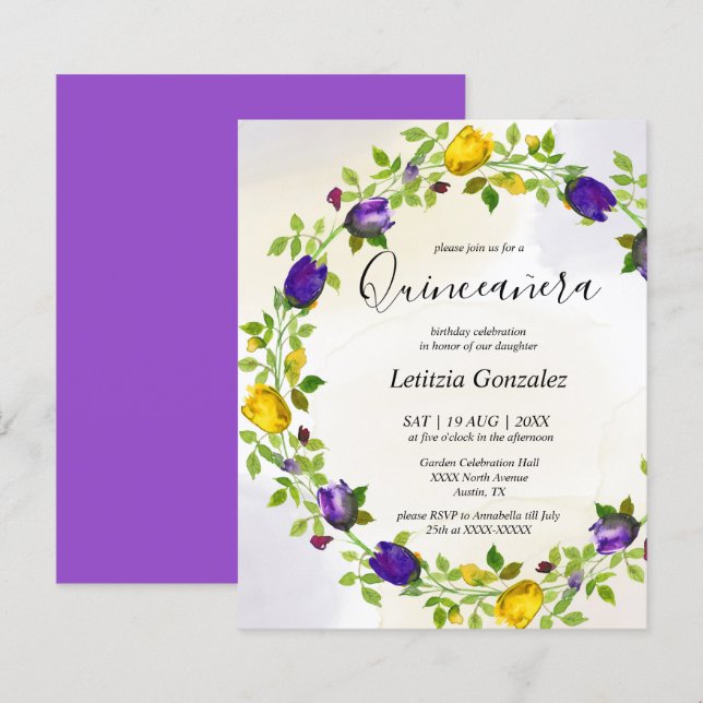 Papier Elégant violet Floral Quinceañera Invitation (Devant / Derrière)