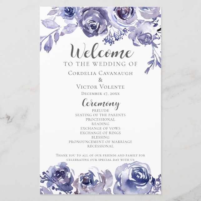 Papier Élégant violet Rose Floral Winter Wedding Programm (Devant)