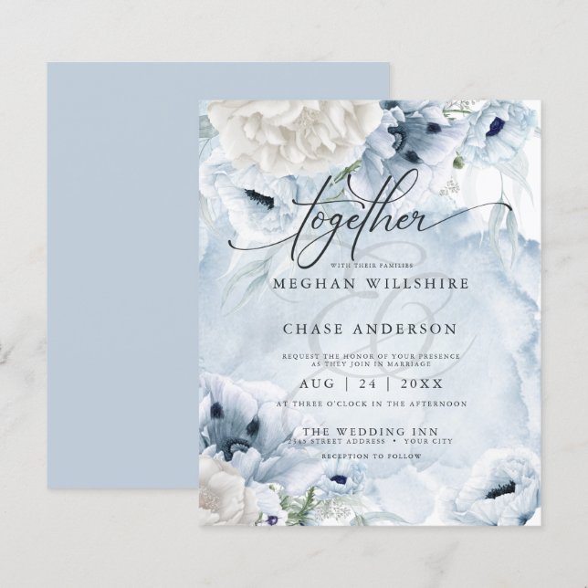 Papier Elégante Aquarelle Bleue Fleurs de Pavot Abordable (Devant / Derrière)