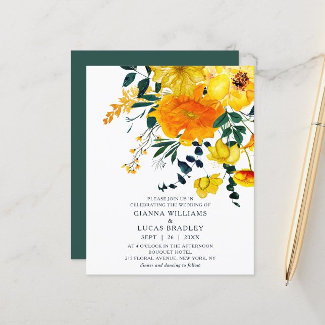Papier Elégante couleur jaune budget Mariage floral (Devant/Arrière en situation)