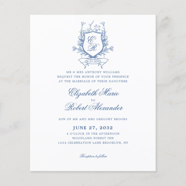 Papier Élégante crête de Monogramme Bleu Mariage traditio (Devant)