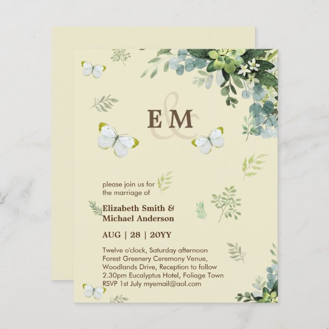 Papier Elégante Verdure Papillons Mariage Invitations (Devant / Derrière)