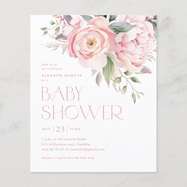 Papier Élégantes Fleurs Jardin Budget Baby shower Invitat (Devant)