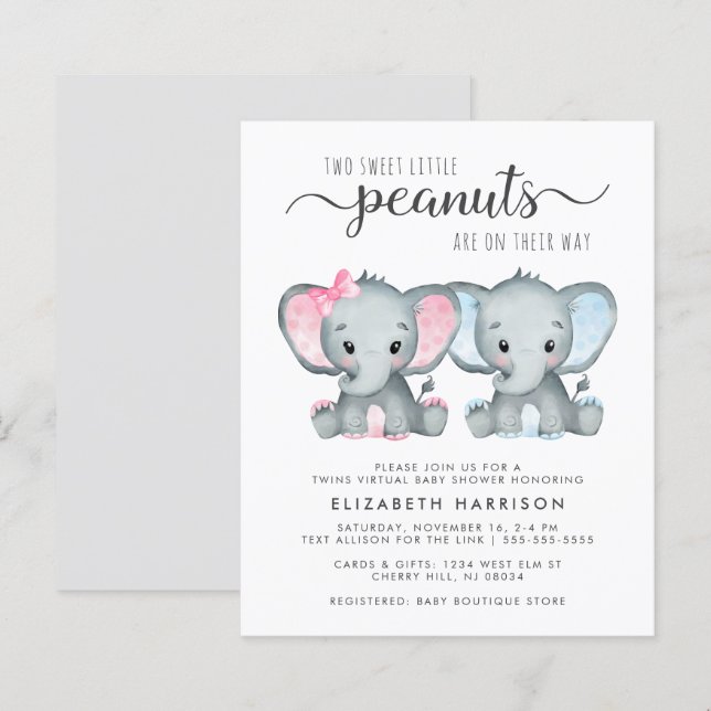 Papier Elephant Baby Boy Girl Twins Virtual Shower Invita (Devant / Derrière)