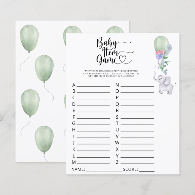 Papier Eléphant Baby Item Jeu. Jeu baby shower (Devant / Derrière)