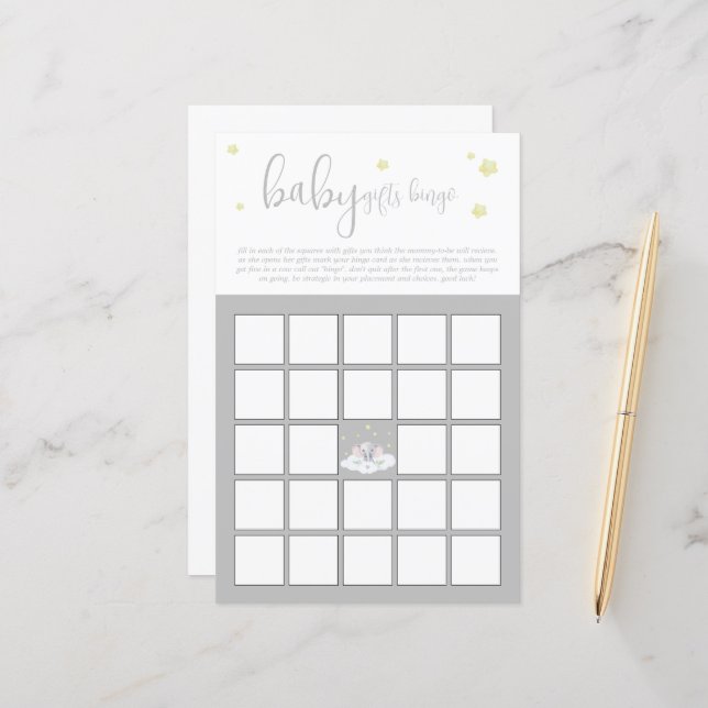 Papier Elephant Baby shower gris clair bébé Bingo Jeu (Devant/Arrière en situation)