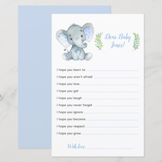 Papier Elephant Baby shower Jeu Chers voeux de bébé (Devant / Derrière)