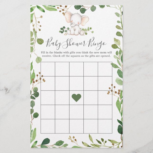 Papier Elephant Baby shower Jeu de Bingo (Devant)