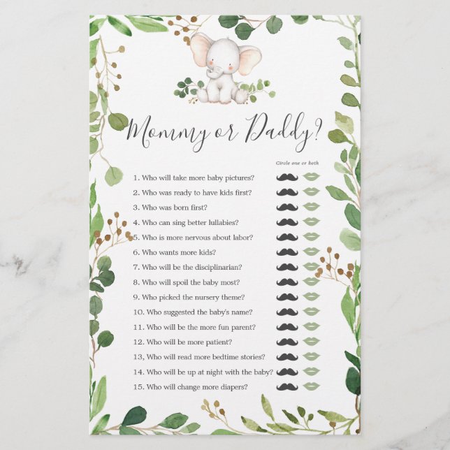 Papier Elephant Baby shower maman ou papa jeu (Devant)