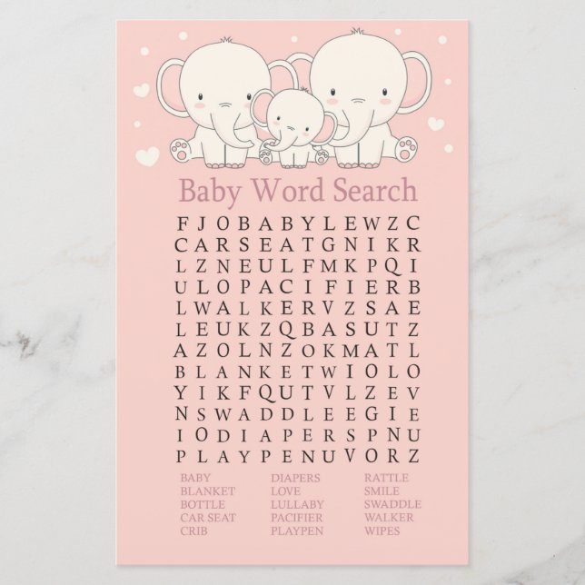 Papier Eléphant Baby shower Word Jeu de recherche (Devant)