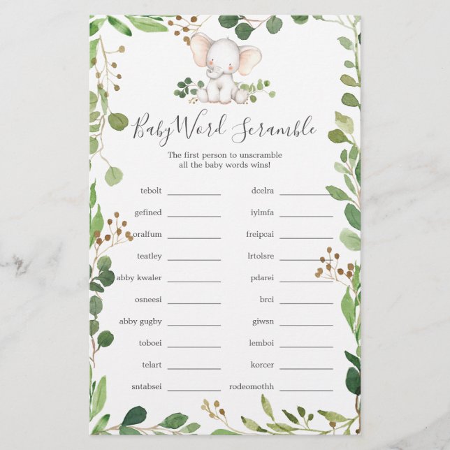 Papier Elephant Baby shower Word Scramble Jeu (Devant)