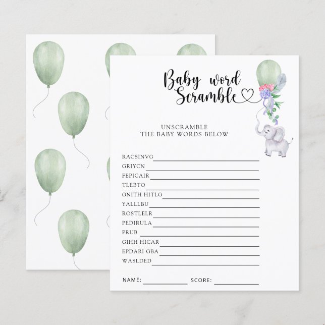 Papier Elephant & Balloon - Baby Word Scramble Jeu (Devant / Derrière)