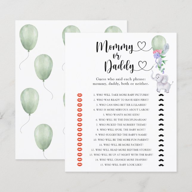 Papier Elephant - maman ou papa jeu de baby shower (Devant / Derrière)