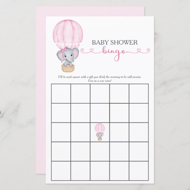 Papier Eléphant rose Bébé Fille Douche Bingo Jeu (Devant / Derrière)