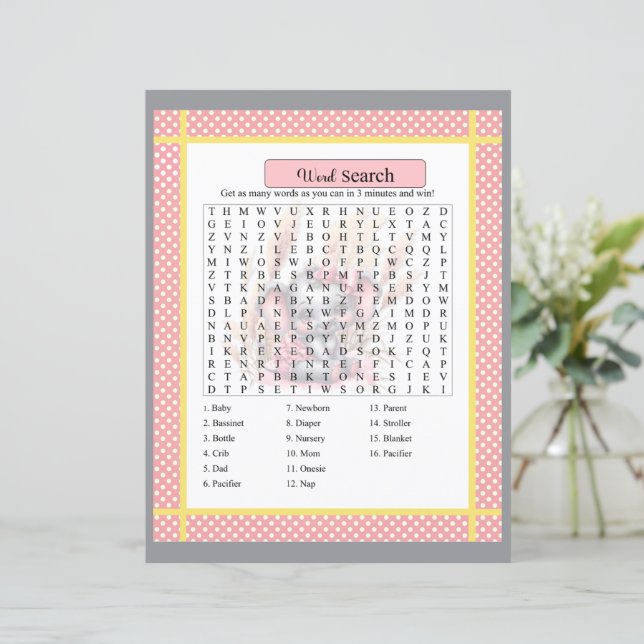 Papier Eléphant rose doux - Baby shower Word Search Jeu (Debout devant)