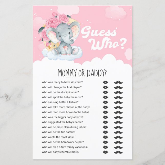 Papier Eléphant rose Floral Devine Qui Maman ou Papa Jeu (Devant)