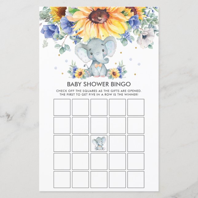 Papier Elephant Sunflower Blue Baby shower Bingo Jeu (Devant)
