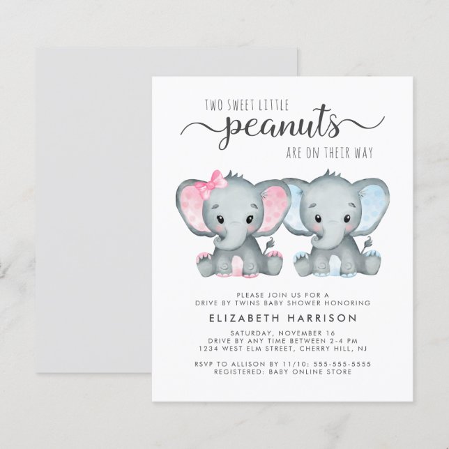 Papier Elephant Twin Baby Boy Girl Drive Par Invitation D (Devant / Derrière)