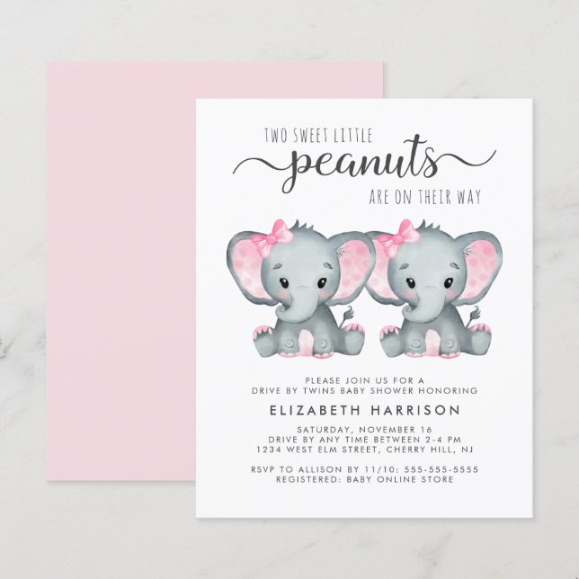 Papier Elephant Twin Baby Girls Drive Par Invitation De D (Devant / Derrière)