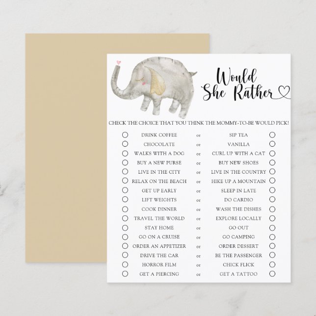 Papier Elephant / Voudrait-Elle Plutôt Baby shower Jeu (Devant / Derrière)