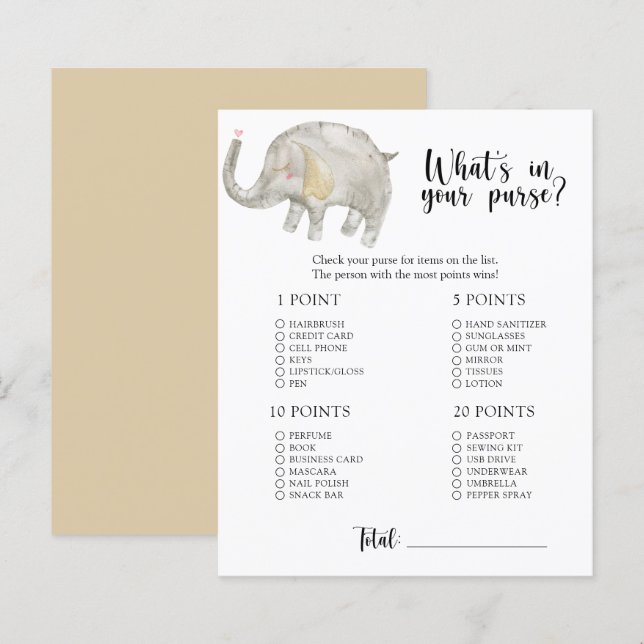 Papier Elephant - Whats dans votre sac à baby shower jeu (Devant / Derrière)