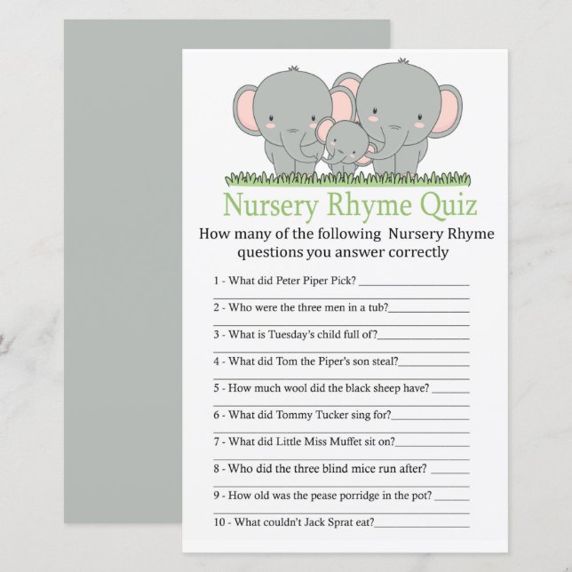 Papier Elephants Nursery Rhyme Quiz jeu de baby shower (Devant / Derrière)