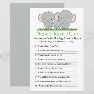 Papier Elephants Nursery Rhyme Quiz jeu de baby shower