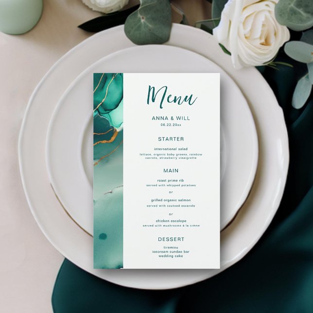 Papier Emerald Gold Waves Elégant Mariage plage (emerald green gold modern beach wedding menu)