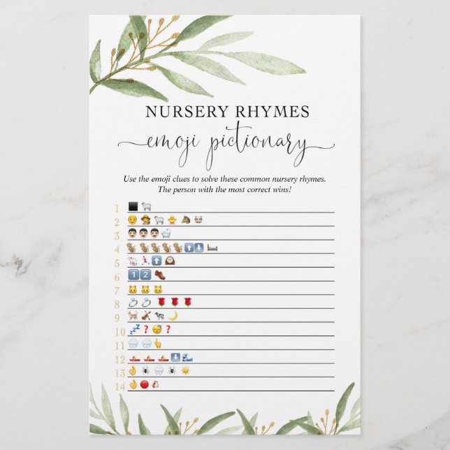 Papier Emoji pictionary jeu de baby shower or verdure (Devant)