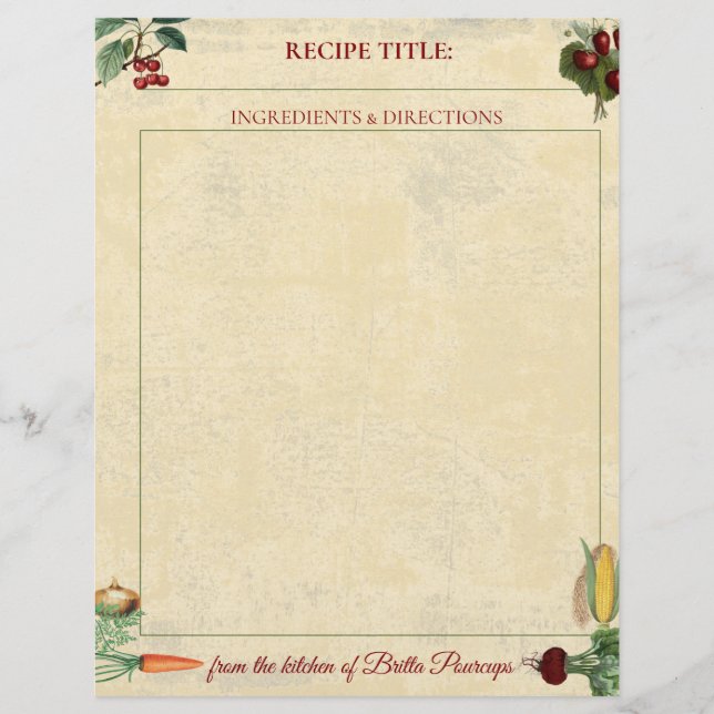 Papier En-tête de la recette personnalisée aux légumes de (Devant)