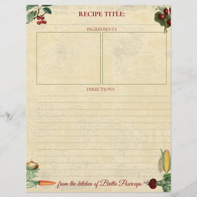 Papier En-tête de la recette personnalisée aux légumes de (Devant)