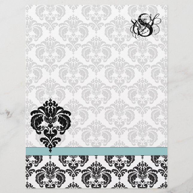 Papier En-tête du monogramme Aqua Damask (Devant)