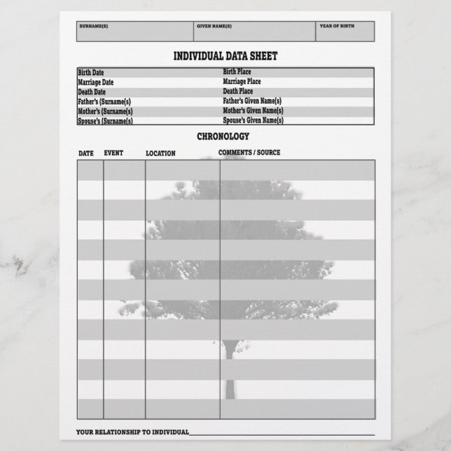 Papier Enregistrement généalogique individuel (Devant)