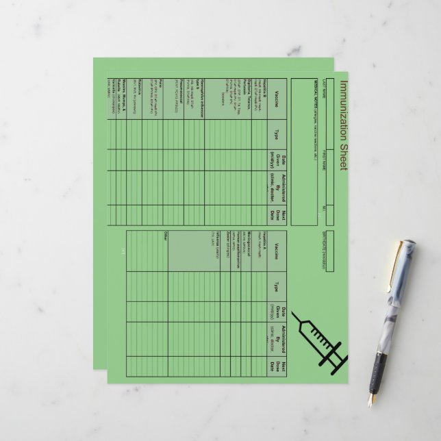 Papier Enregistrements d'immunisation des créatures les p (Devant/Arrière en situation)