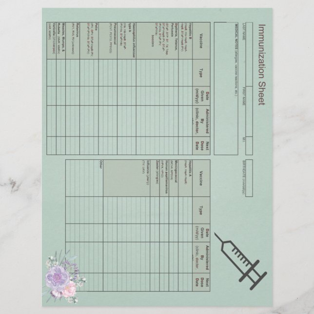 Papier Enregistrements d'immunisation florale bleu-Horizo (Devant)