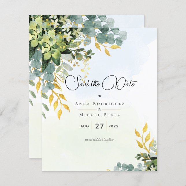 Papier Enregistrer la date Eucalyptus Green Gold Mariage  (Devant / Derrière)