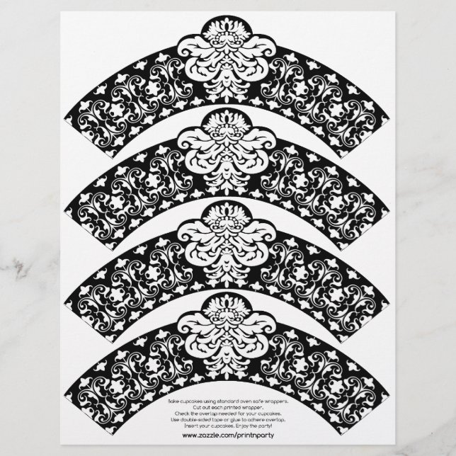Papier Enveloppe Cupcake Damask blanc sur noir (Devant)