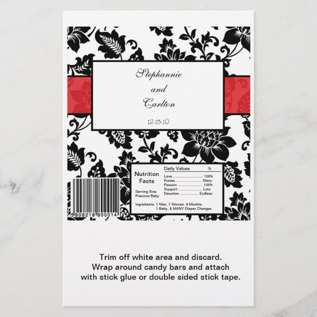 Papier Enveloppeur de bonbons Mariage damassé Floral Noir (Devant)
