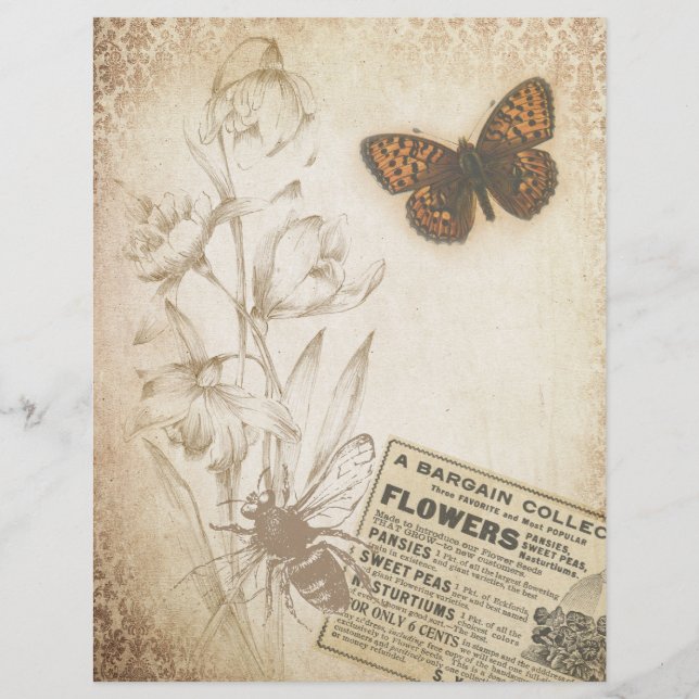 Papier Ephémère vintage papillon floral (Devant)