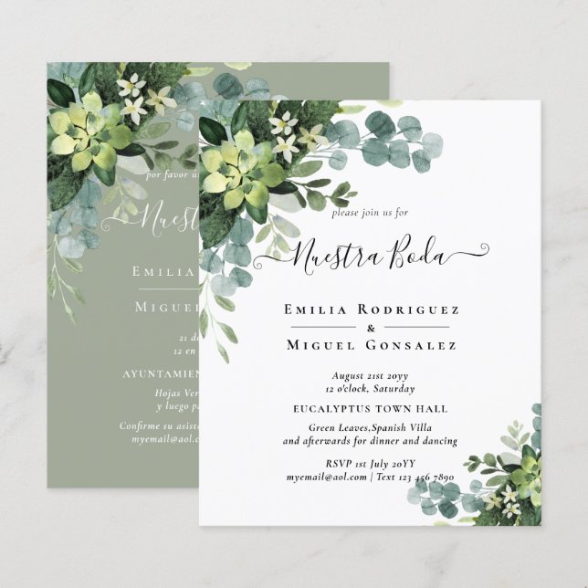 Papier Espagnol NUESTRA BODA Eucalyptus Vert BILINGUE (Devant / Derrière)