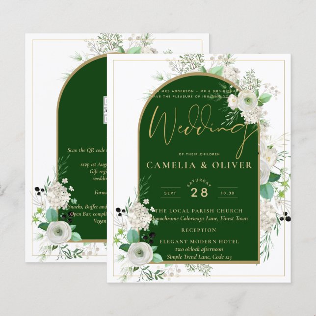 Papier Été Blanc Roses Emerald Green Arch Mariage (Devant / Derrière)