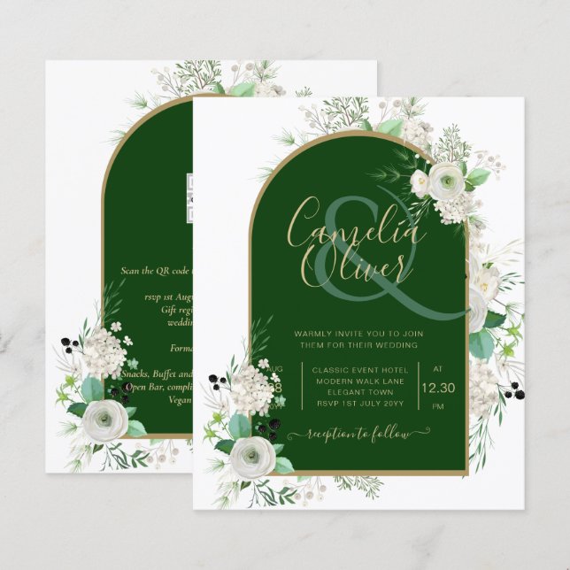 Papier Été Blanc Roses Emerald Green Arch Mariage Inv (Devant / Derrière)