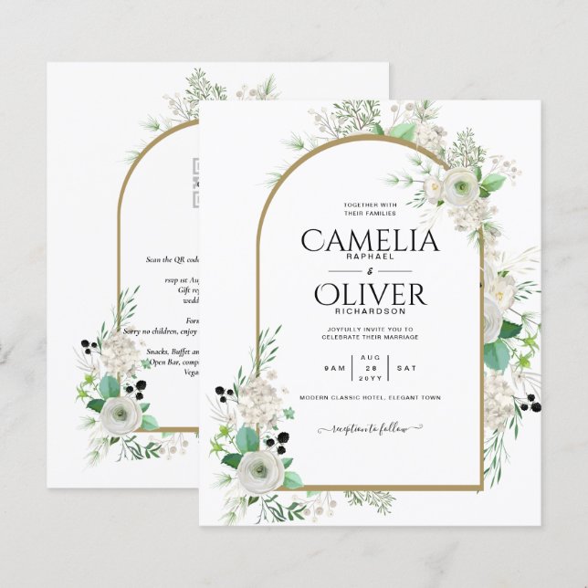 Papier Été Blanc Roses Émeraude Sage Verdure MARIAGE (Devant / Derrière)