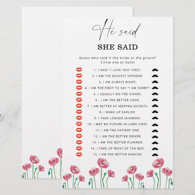 Papier Été Il a dit qu'elle a dit jeu de douche nuptiale (Devant / Derrière)