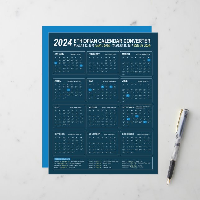 Papier Ethiopian Calendar Converter pour l'année 2024 (Devant/Arrière en situation)