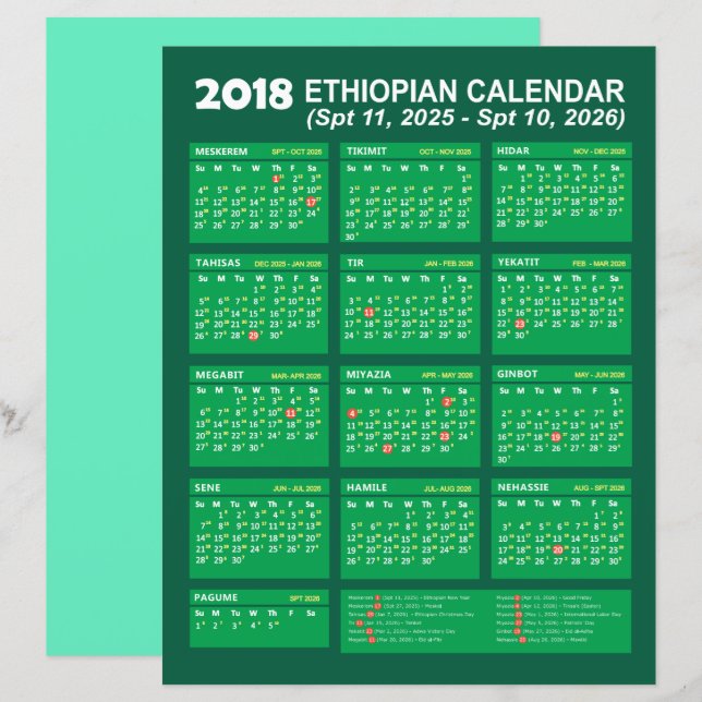 Papier Ethiopian Calendar Converter pour l'année 2025 202 (Devant / Derrière)