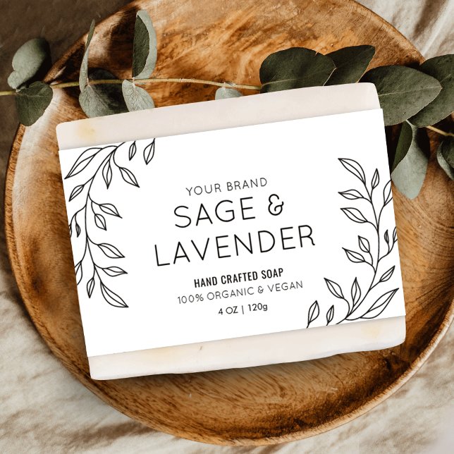 Papier Étiquette simple à savon noir et blanc Floral (Minimal floral design soap bar wrapper style label with fully editable text, colors and layout)
