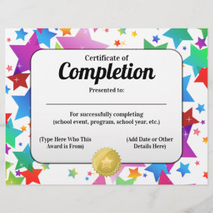 Papier Étoiles colorées Certificat d'achèvement 8.5x11