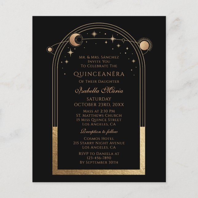 Papier Étoiles de la lune d'or noir céleste Quinceañera (Devant)